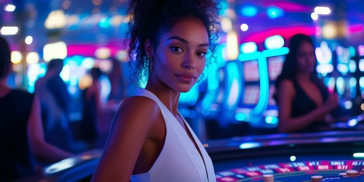 Dealer live casino profesional berinteraksi dengan pengguna dari layar perangkat digital